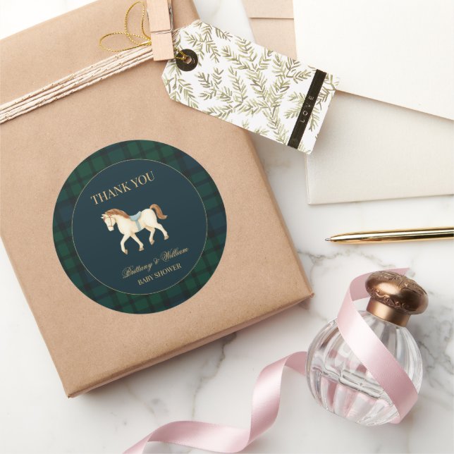 Sticker Rond Rustic Tartan Plaid Horse Baby Shower  (Cadeaux)