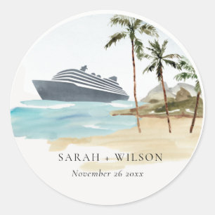 Sticker Rond Rustic Tropical Beach Cruise Palm Mariage