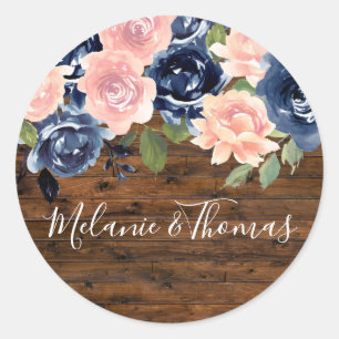 Sticker Rond Rustic Wood Blush & Navy Mariage Engagement Party