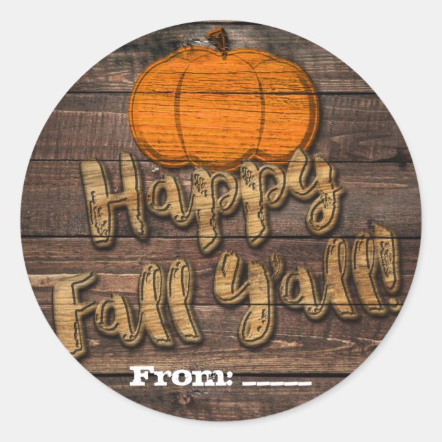 Sticker Rond Rustic Wood Citrouille Happy Fall Y'all Automne Fa (Devant)