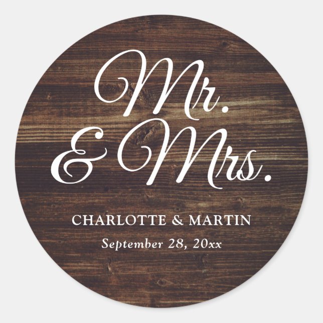 Sticker Rond Rustic Wood M. et Mme Mariage (Devant)