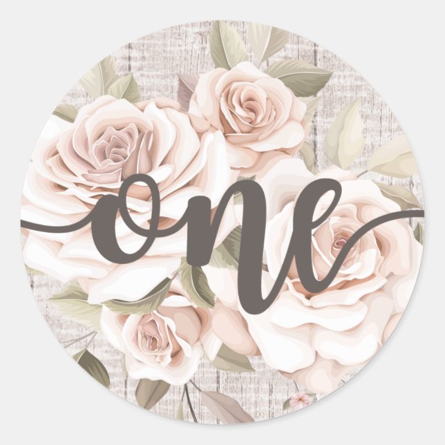 Sticker Rond Rustic Wood & Shabby Chic Rose 1er anniversaire (Devant)