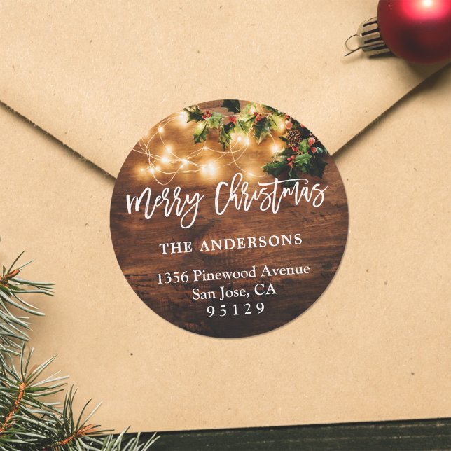 Sticker Rond Rustic Wood String Lights Holiday Adresse de retou (Créateur téléchargé)