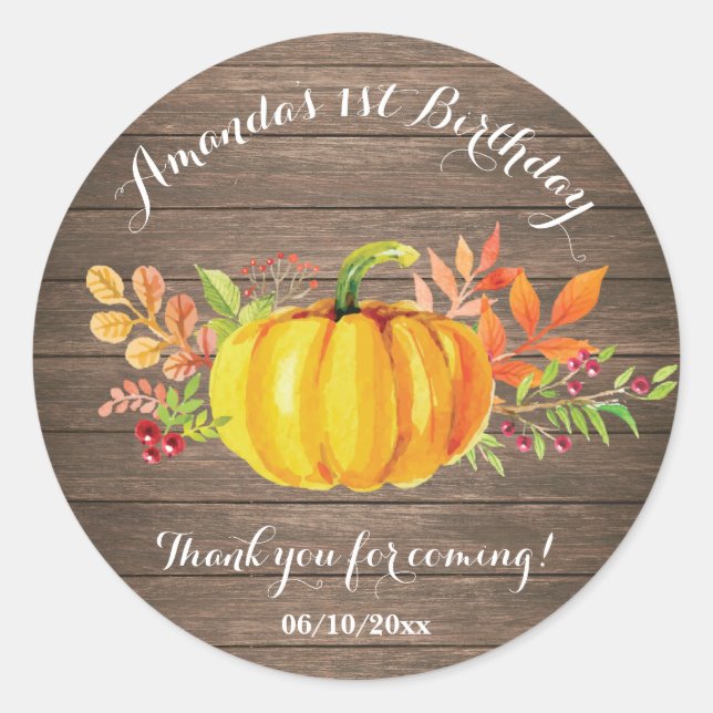 Sticker Rond Rustique aquarelle automne Citrouille anniversaire (Devant)