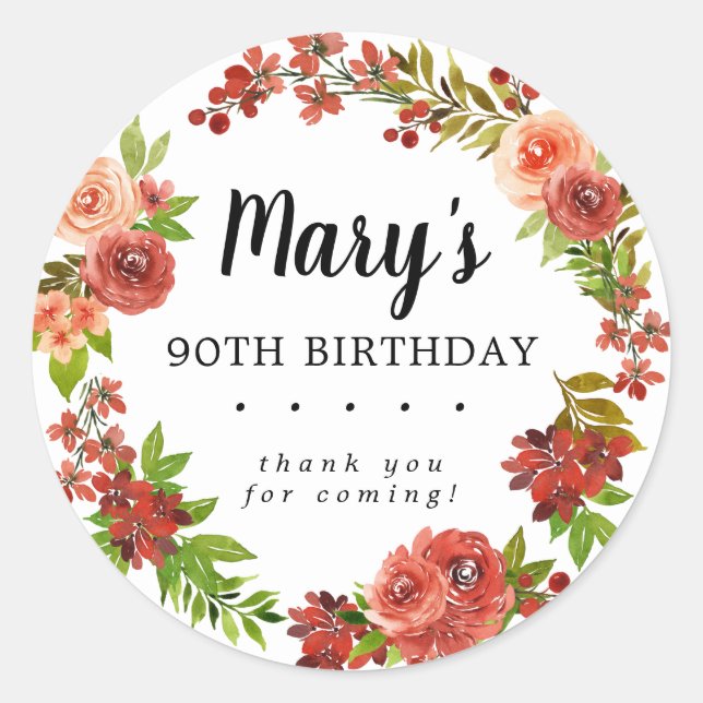 Sticker Rond Rustique Automne Floral 90e Anniversaire Merci (Devant)