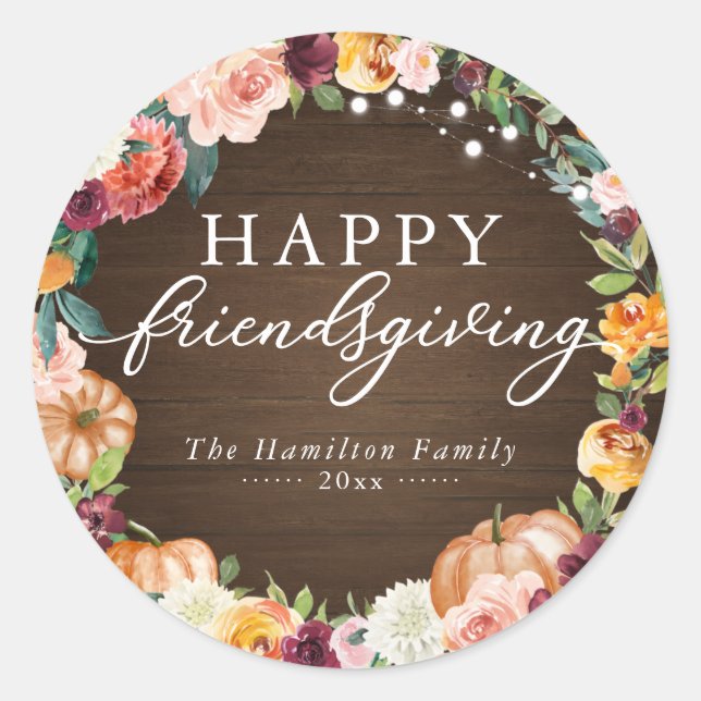 Sticker Rond Rustique Automne Floral Friendsgiving Dîner (Devant)