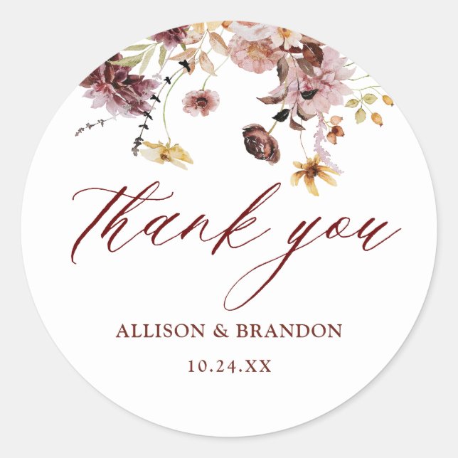 Sticker Rond Rustique Automne Floral Mariage Merci Favoriser (Devant)