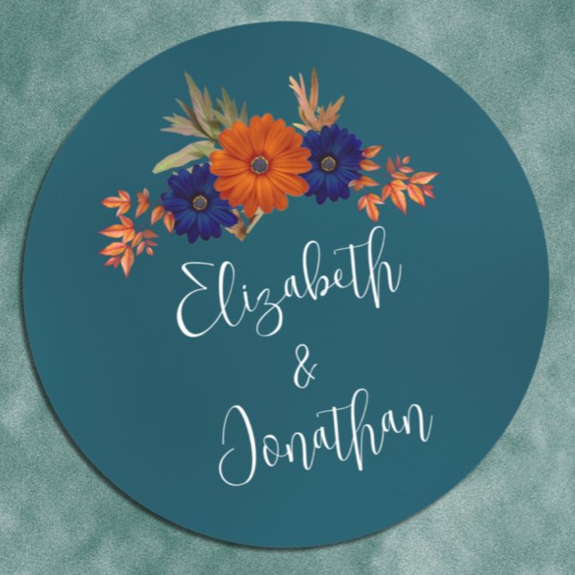 Sticker Rond Rustique Automne Orange Navy Bleu Floral Mariage (Créateur téléchargé)