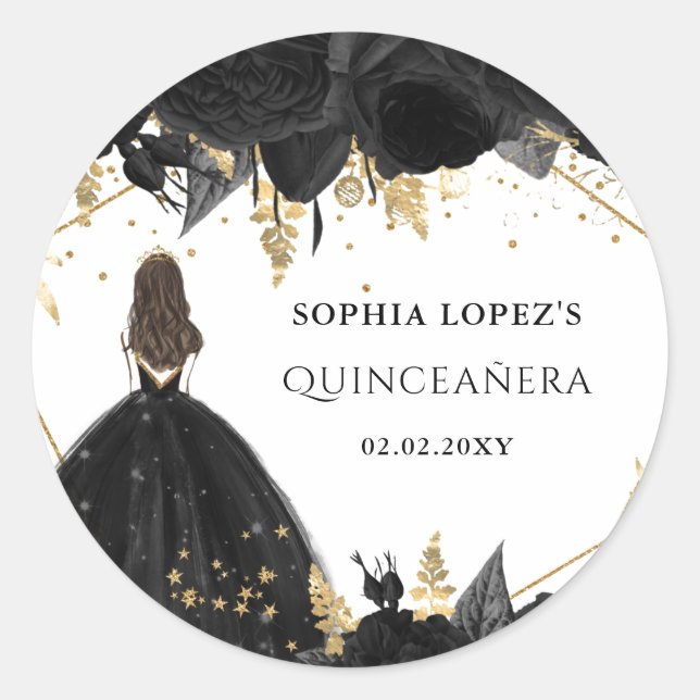 Sticker Rond Rustique Black Gold Floral Princesse Quinceanera (Devant)