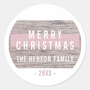 Sticker Rond Rustique Bois rose Joyeux Noël Famille