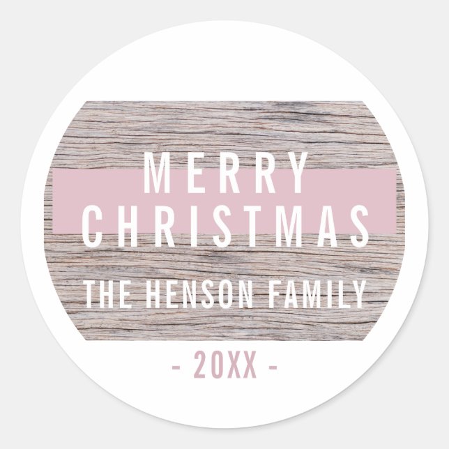 Sticker Rond Rustique Bois rose Joyeux Noël Famille (Devant)