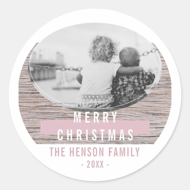 Sticker Rond Rustique Bois rose Joyeux Noël Photo de famille (Devant)