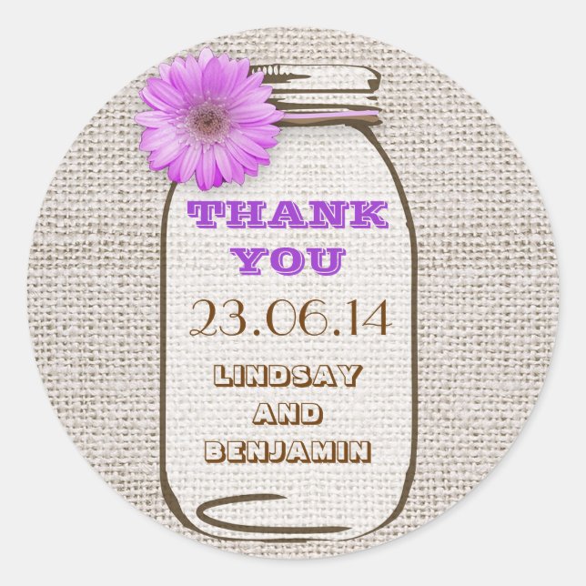 Sticker Rond Rustique Burlap Mason Jar Purple Gerbera Mariage (Devant)