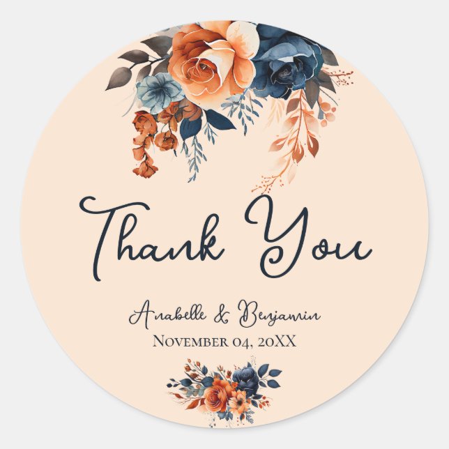 Sticker Rond Rustique Burnt Orange et Mariage bleu (Devant)