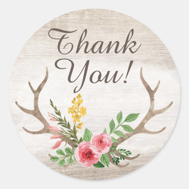 Sticker Rond Rustique Deer Antler Bohème Floral Merci (Devant)
