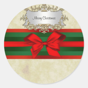 Sticker Rond Rustique détendu 2, Rouge et Vert Ruban Noël