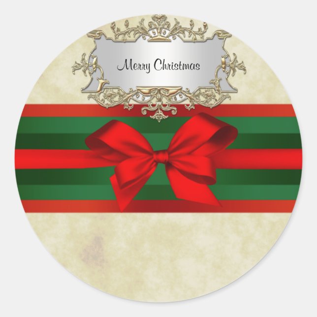 Sticker Rond Rustique détendu 2, Rouge et Vert Ruban Noël (Devant)