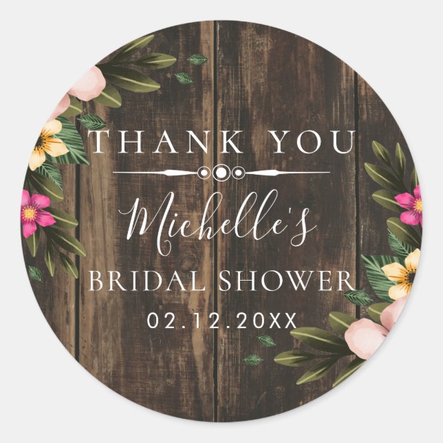Sticker Rond Rustique Elegant Bois Douche nuptiale Merci (Devant)