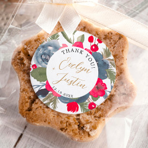 Sticker Rond Rustique Elégant hiver Floral rouge vert merci