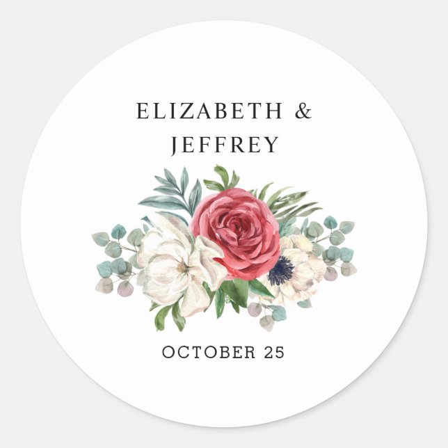 Sticker Rond Rustique Elegant Rouge Floral Mariage blanc (Devant)