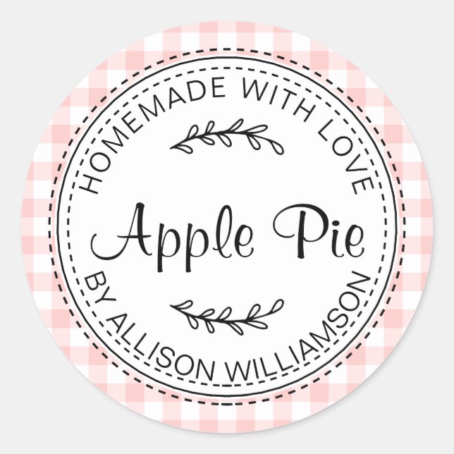Sticker Rond Rustique fait maison Apple Pie rose blanc chèque (Devant)