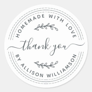 Sticker Rond Rustique Fait Maison Avec Amour Merci Blanc Noir
