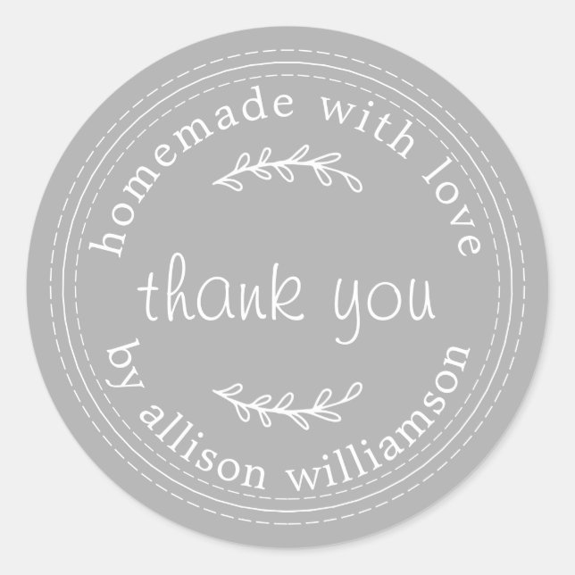 Sticker Rond Rustique Fait Maison Avec Amour Merci Gris (Devant)