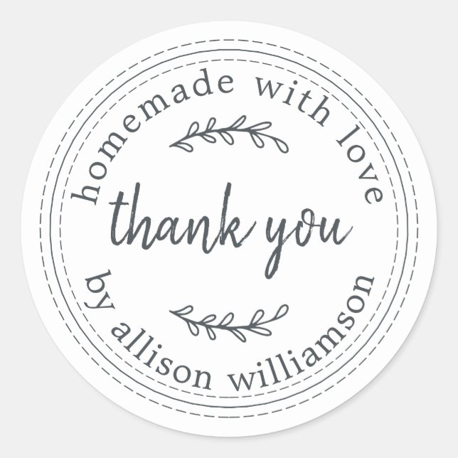 Sticker Rond Rustique fait maison avec amour noir blancMerci (Devant)