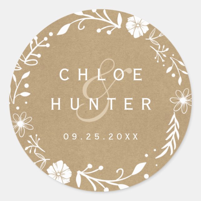 Sticker Rond Rustique Floral Botanique Wreath Faux Kraft Mariag (Devant)