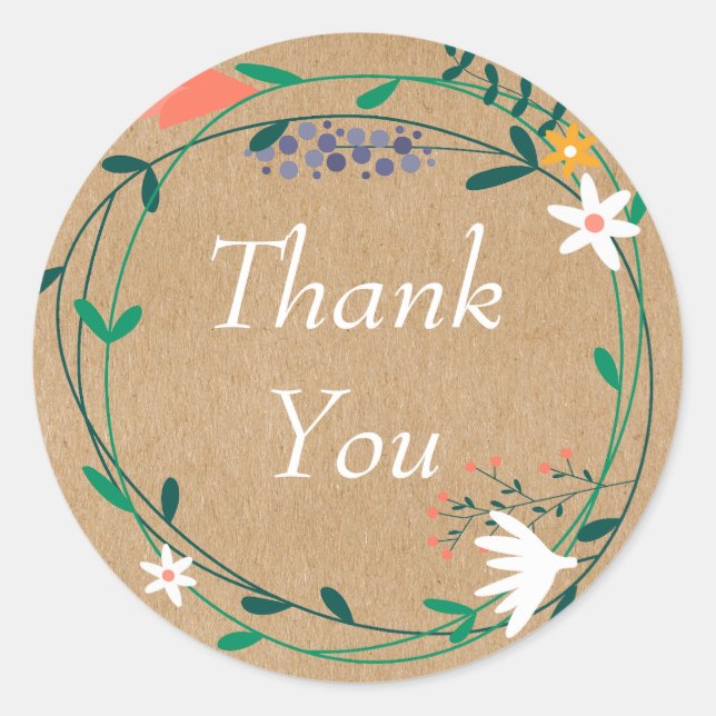 Sticker Rond Rustique Floral Garland Mariage Merci Favor (Devant)