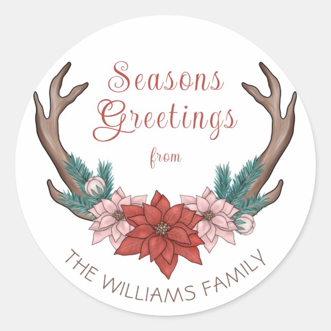 Sticker Rond Rustique Floral Noël Antlers Joyeuses Fêtes (Devant)