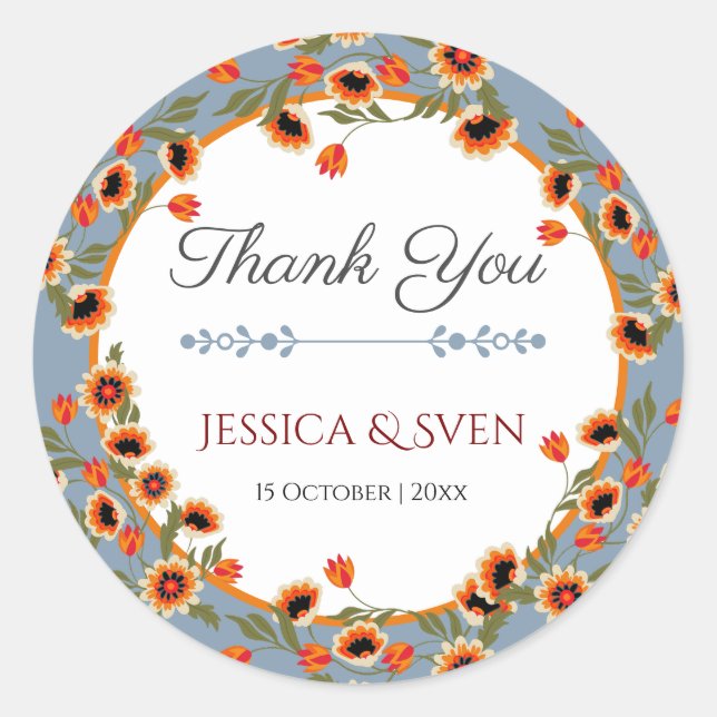 Sticker Rond Rustique Floral Scandinave Mariage inspiré Folk (Devant)