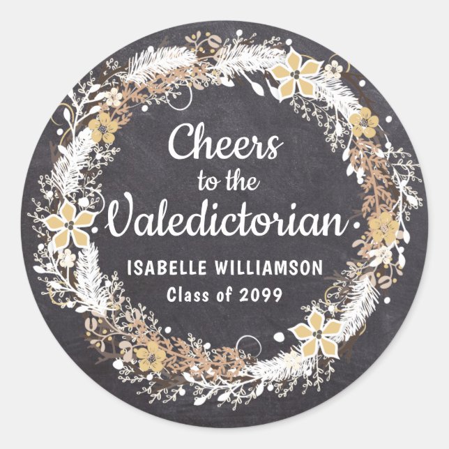 Sticker Rond Rustique Gold Blanc Floral Chalkboard Valedictoria (Devant)