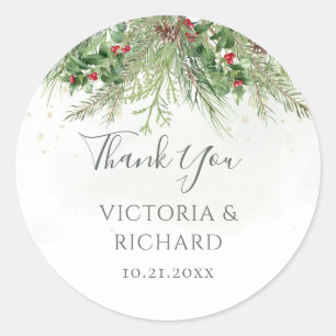 Sticker Rond Rustique hiver verdure Berries Pine Cone Mariage