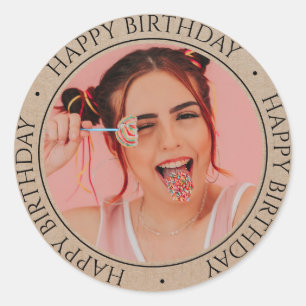 Sticker Rond Rustique Joyeux Anniversaire Moderne Simple Photo 
