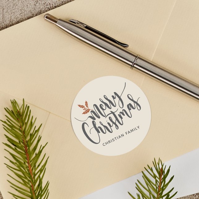 Sticker Rond Rustique Joyeux Noël Personnalisé (Rustic Merry Christmas Personalized Classic Round Sticker)