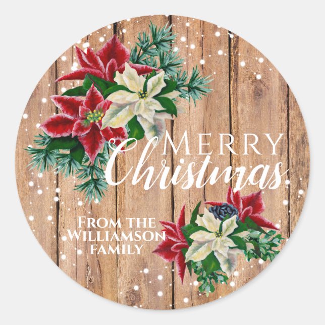 Sticker Rond Rustique Joyeux Noël Poinsettia Floral (Devant)