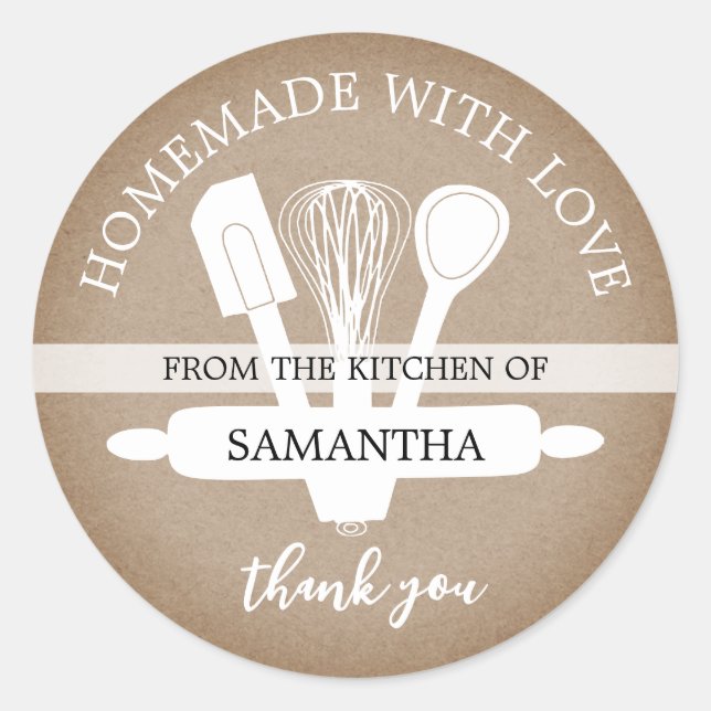 Sticker Rond Rustique Kraft fait maison avec Merci d'amour cade (Devant)