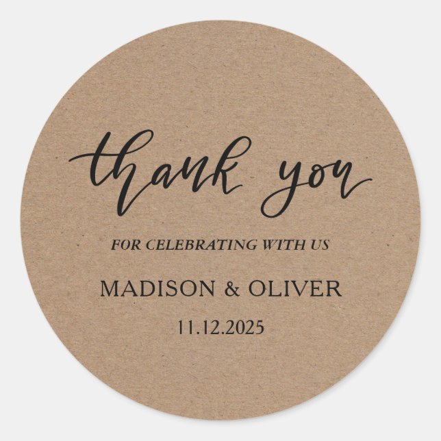 Sticker Rond Rustique Kraft manuscrit Merci de script Mariage (Devant)
