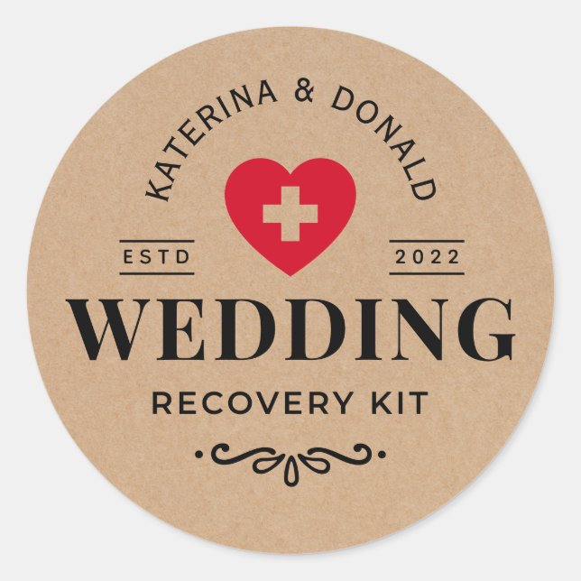 Sticker Rond Rustique Kraft Mariage Hangover Kit de récupératio (Devant)