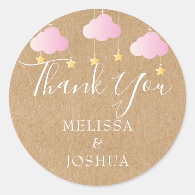 Sticker Rond Rustique kraft scintiller baby shower rose (Devant)