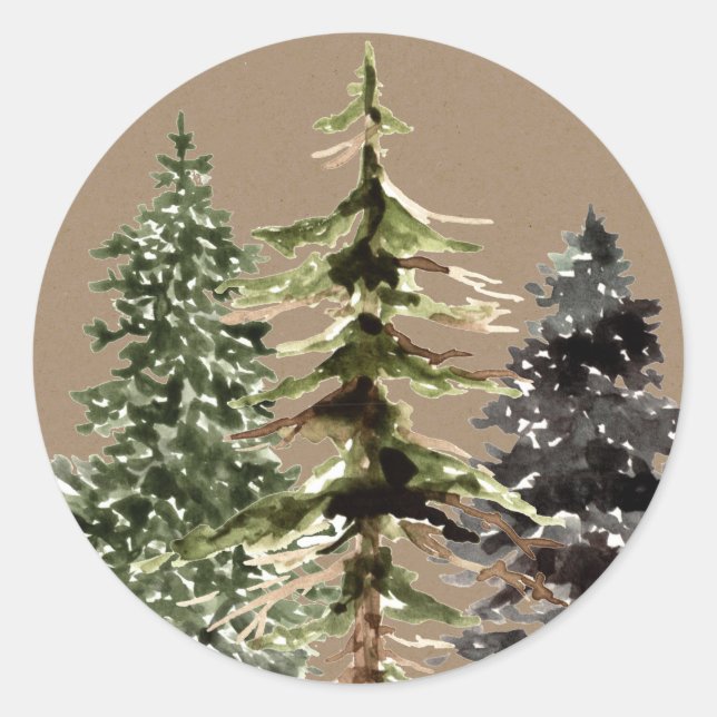 Sticker Rond Rustique Kraft Winter Woodland Spruce Trees (Devant)