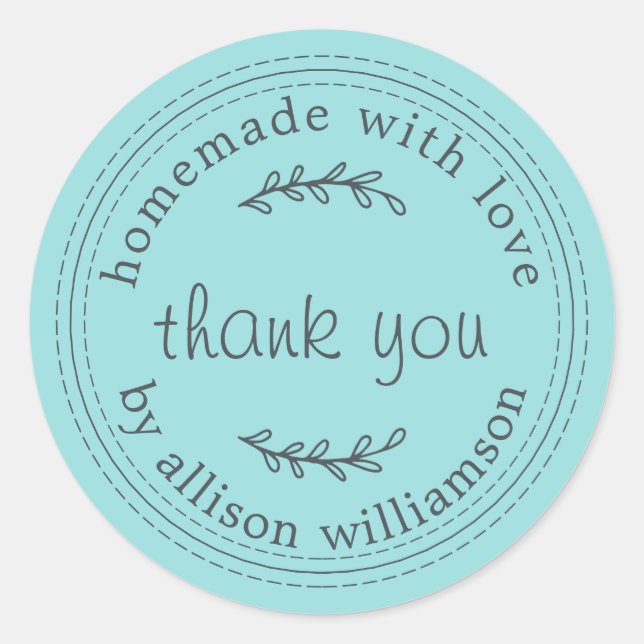 Sticker Rond Rustique Maison Avec Amour Turquoise Merci Bleu (Devant)