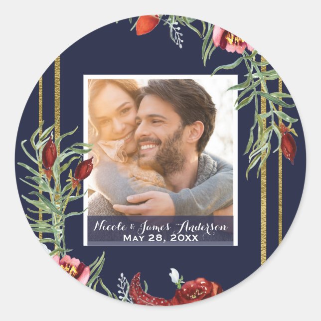 Sticker Rond Rustique Marsala Floral Photo Marine Mariage bleu  (Devant)