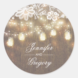 Sticker Rond Rustique Mason Jar illumine dentelle mariage en bo
