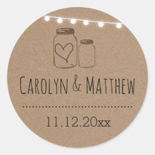 Sticker Rond Rustique Mason Jar Mariage de cordes de coeur