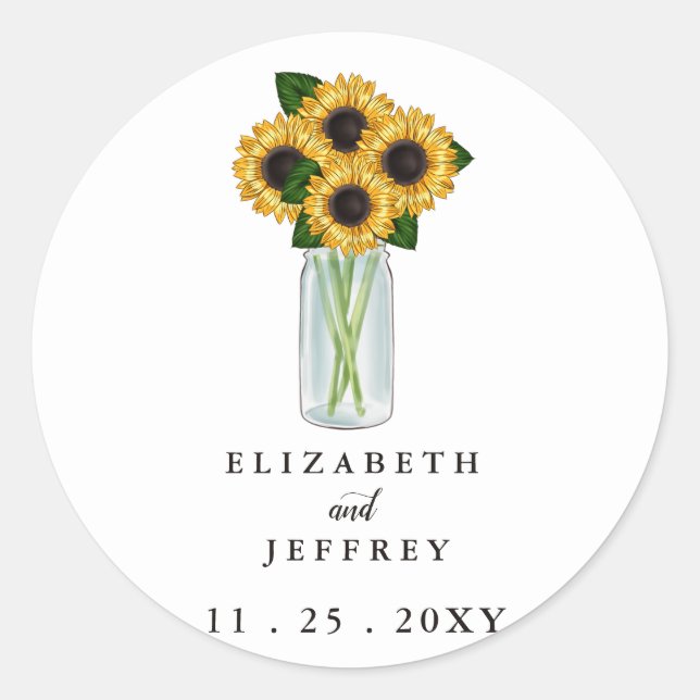 Sticker Rond Rustique Mason Jar Mariage de tournesols (Devant)