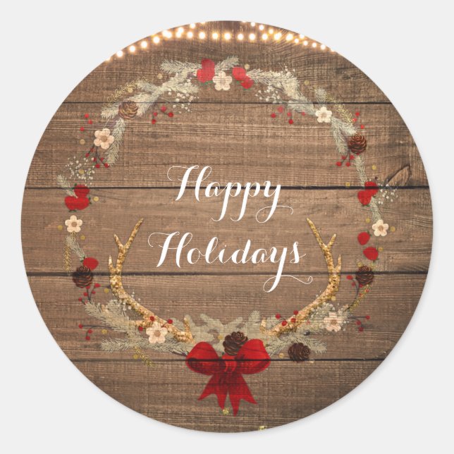 Sticker Rond Rustique Noël Antler Wreath Wood & Lights Favorise (Devant)