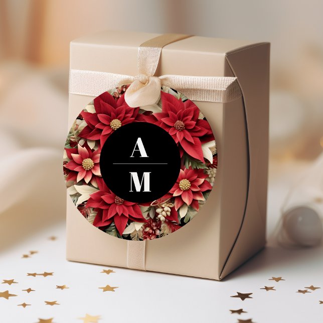 Sticker Rond Rustique Noir Poinsettia Floral Mariage de Noël (Créateur téléchargé)