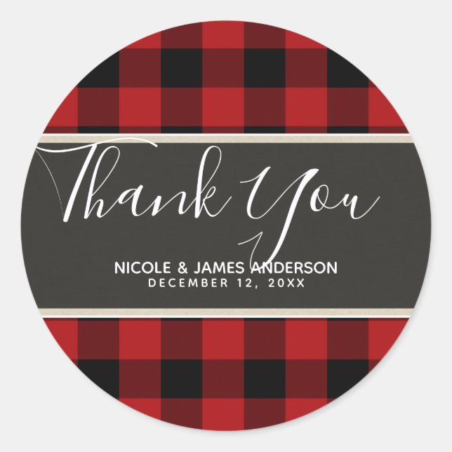 Sticker Rond Rustique Pays Rouge Noir Buffle Plaid Moderne (Devant)